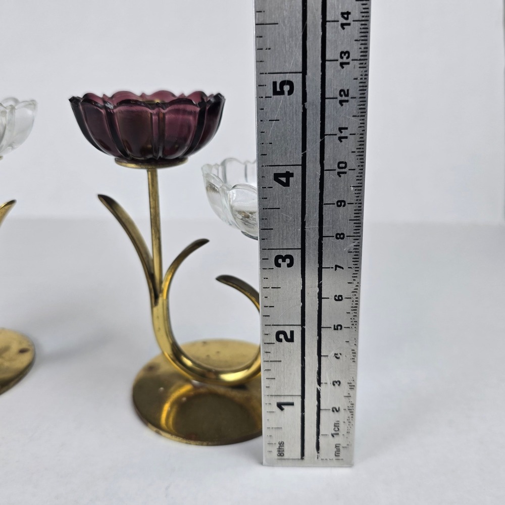 MCM Swedish Gunnar Ander Ystad Metall Brass Art Glass Flower Candle Holders Pair - Picture 4 of 9